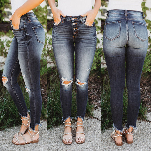 Nuovi jeans aderenti a vita media con bottoni strappati e altamente elastici da donna