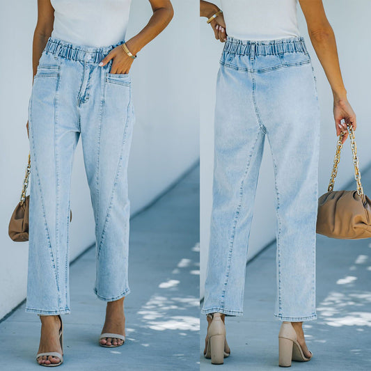 Pantaloni a vita alta in denim azzurro chiaro da pendolare di Temperamento