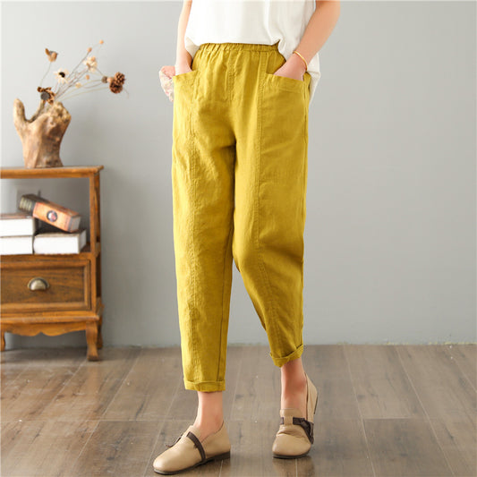 Pantaloni casual larghi a vita alta in lino da donna
