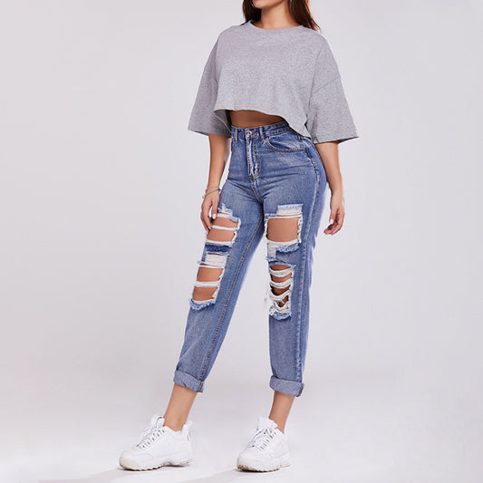 Pantaloni da donna a vita alta con fori per sollevare i glutei, pantaloni casual in denim a gamba dritta
