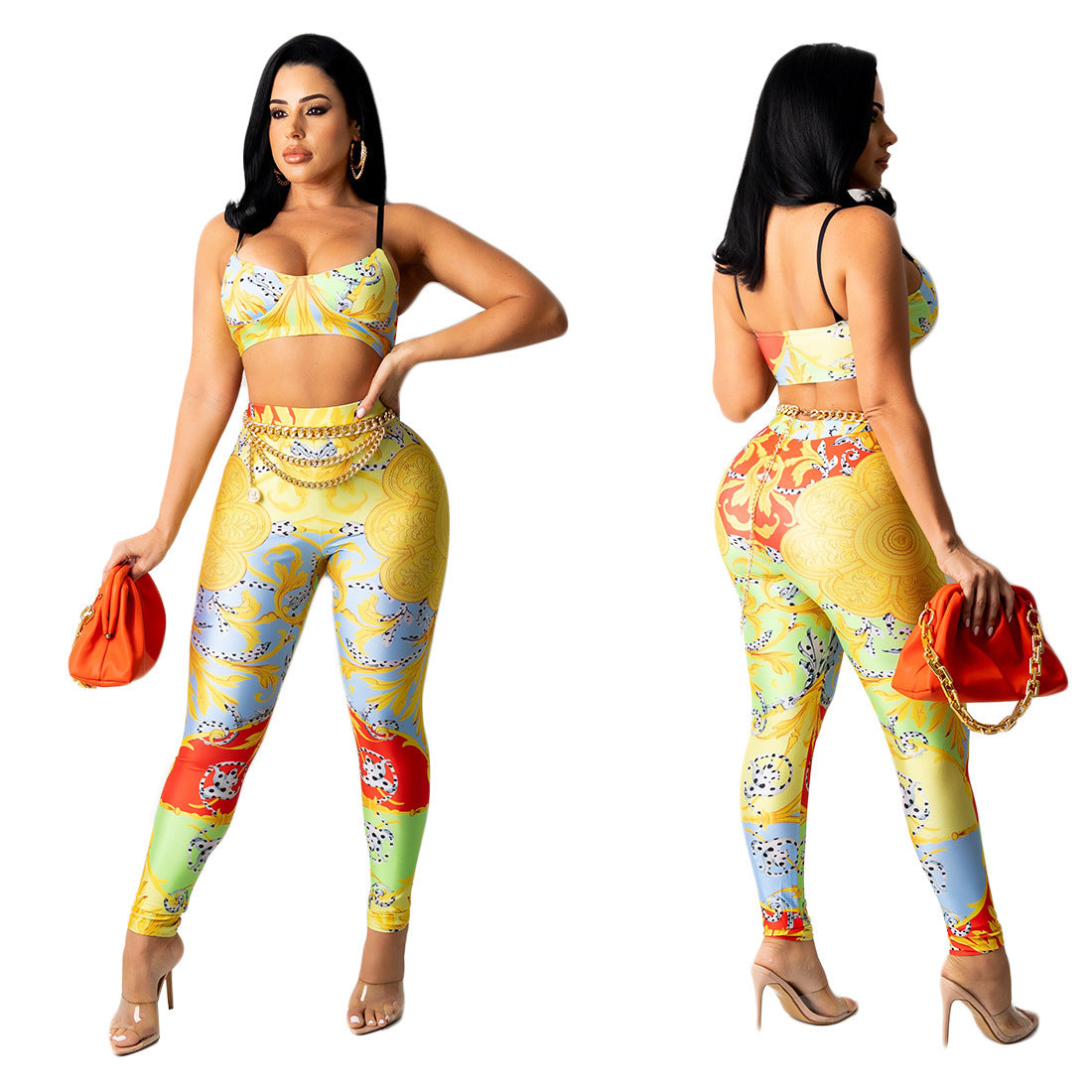 Pantaloni stampati alla moda sexy, completo casual a due pezzi