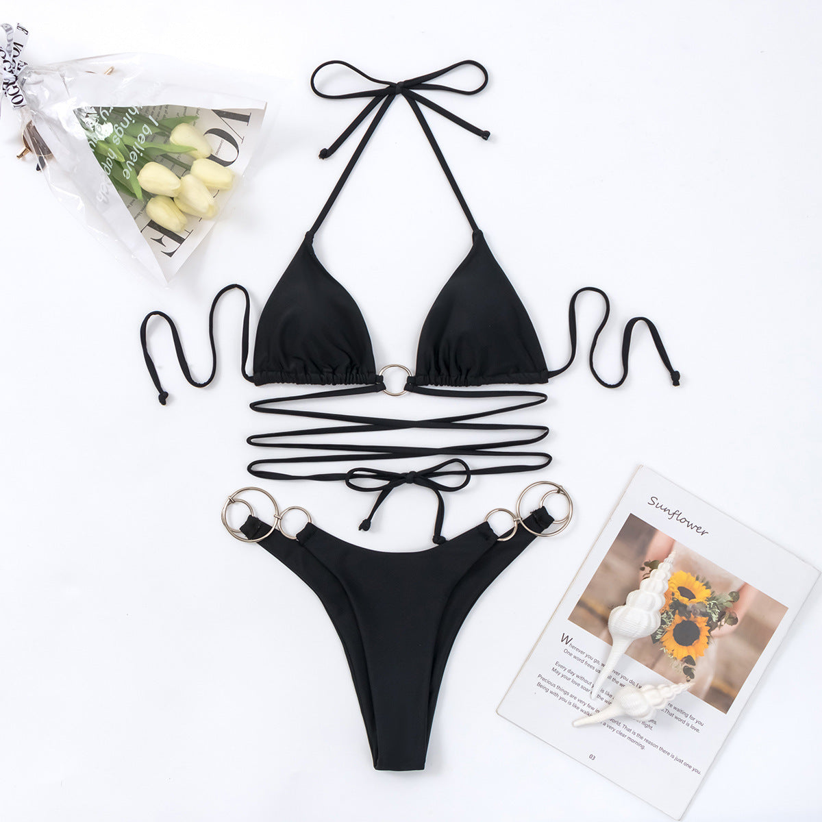 Damen Bikini-Badeanzug-Set mit einfarbigem Metallring und langen Trägern