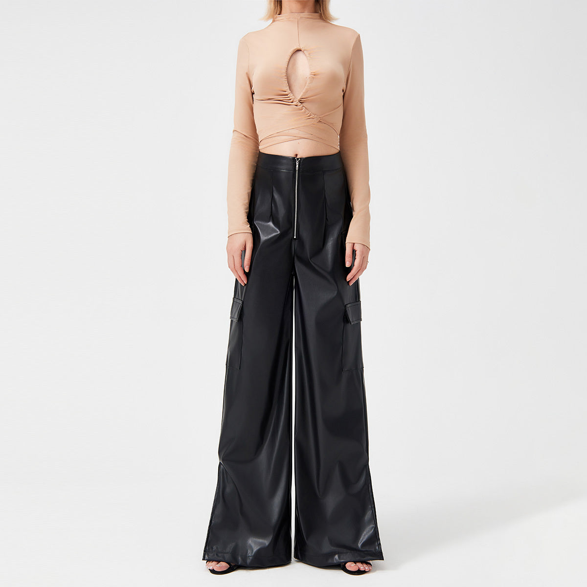 Fashion PU Trousers Metal Zipper Pocket Long Pants