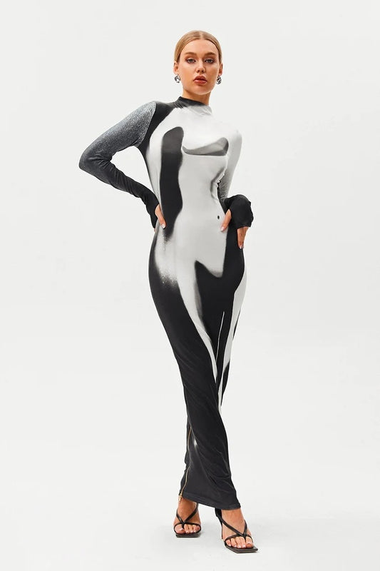 Moda personalizzata personalità rotonda collo stampa colore snellente sottile vestito