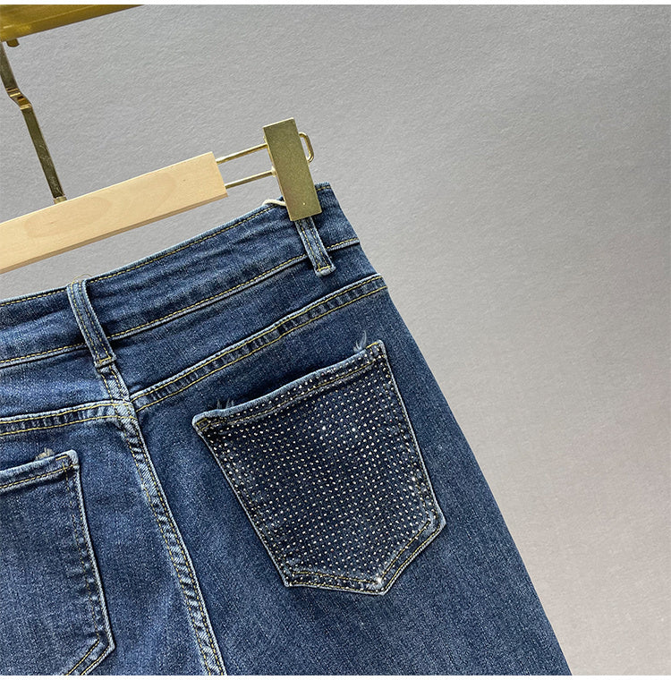 Jeans larghi da donna in cotone elasticizzato a vita alta snellenti con strass caldi