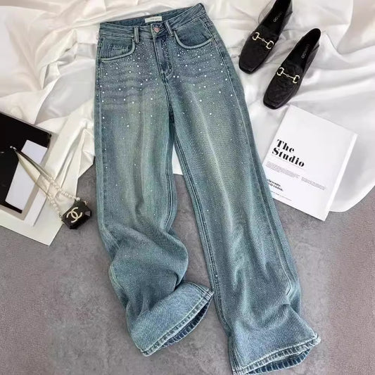Jeans dritti con strass e diamanti stellati nei detriti per le donne
