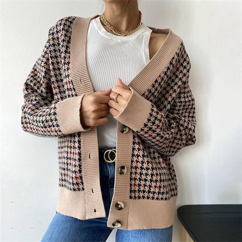 Women's Houndstooth Knit Sweater Loose Top Jacket