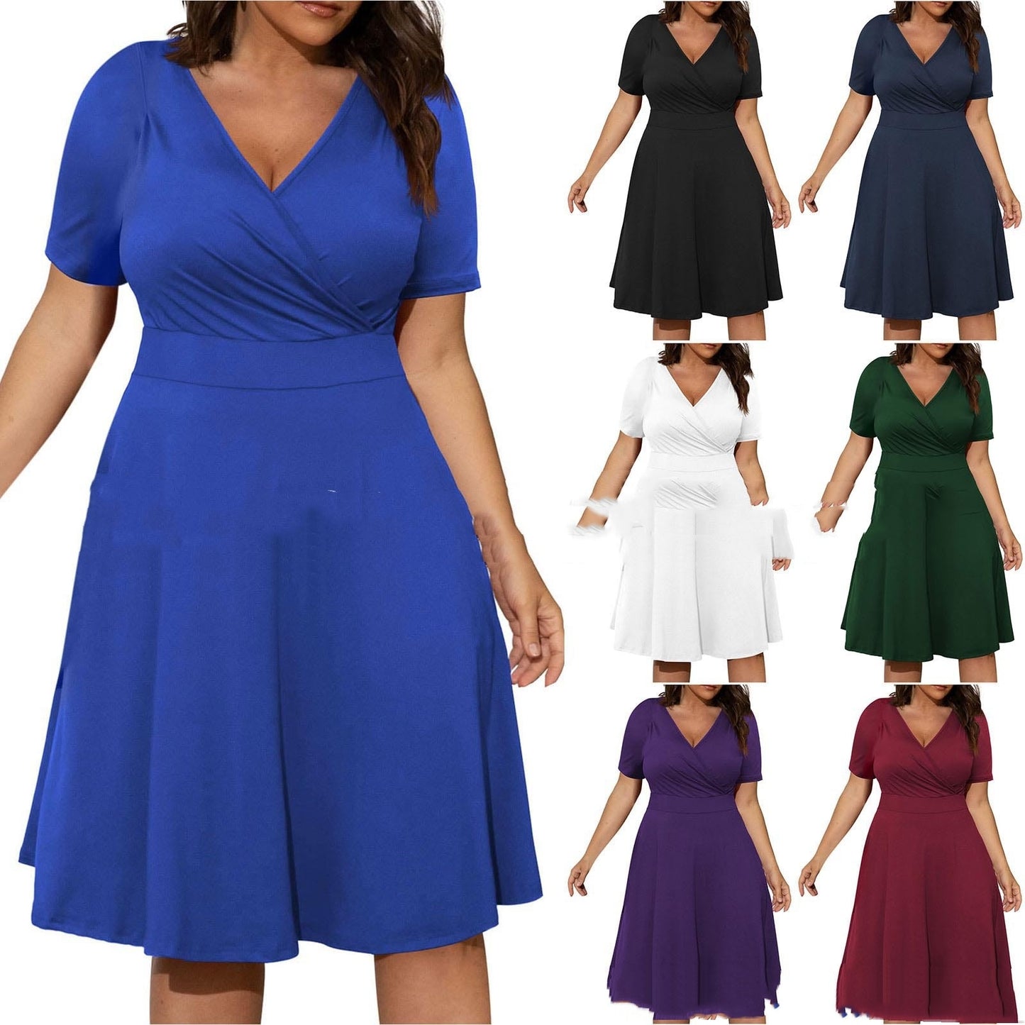 Plus Size Solid Color And V-neck Fashion Casual Fat Woman Commuter Short Sleeve