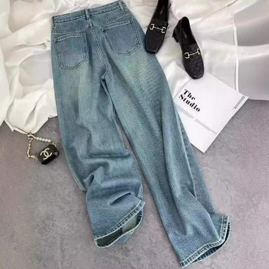 Jeans dritti con strass e diamanti stellati nei detriti per le donne