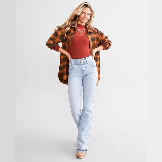 Pantaloni in denim elasticizzato con bottoni a vita alta da donna