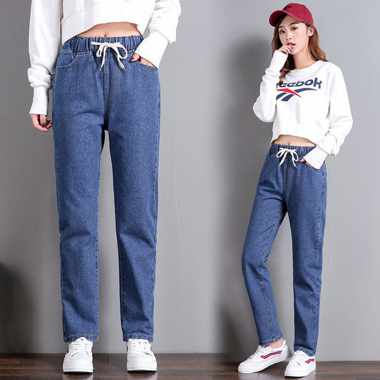 Jeans a vita alta con lacci elastici casual dritti da donna, pantaloni larghi