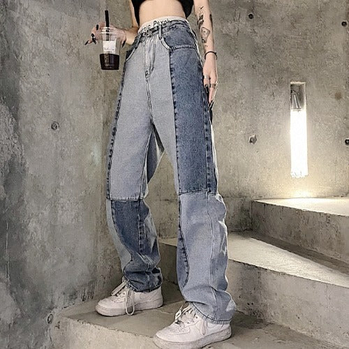 Jeans a vita alta colorblock retrò in stile Harajuku da donna