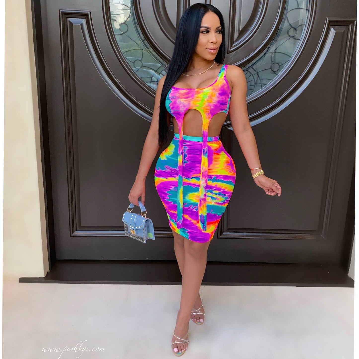 Completo due pezzi con gonna e gilet casual con stampa tie-dye