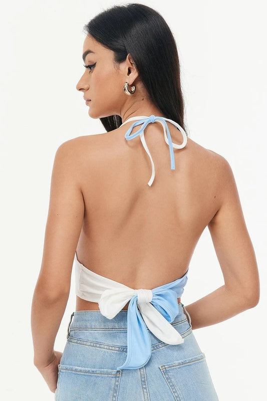 Canotta sexy estiva corta con fascia sexy a contrasto, con ampio schienale, avvolgente sul petto, da donna