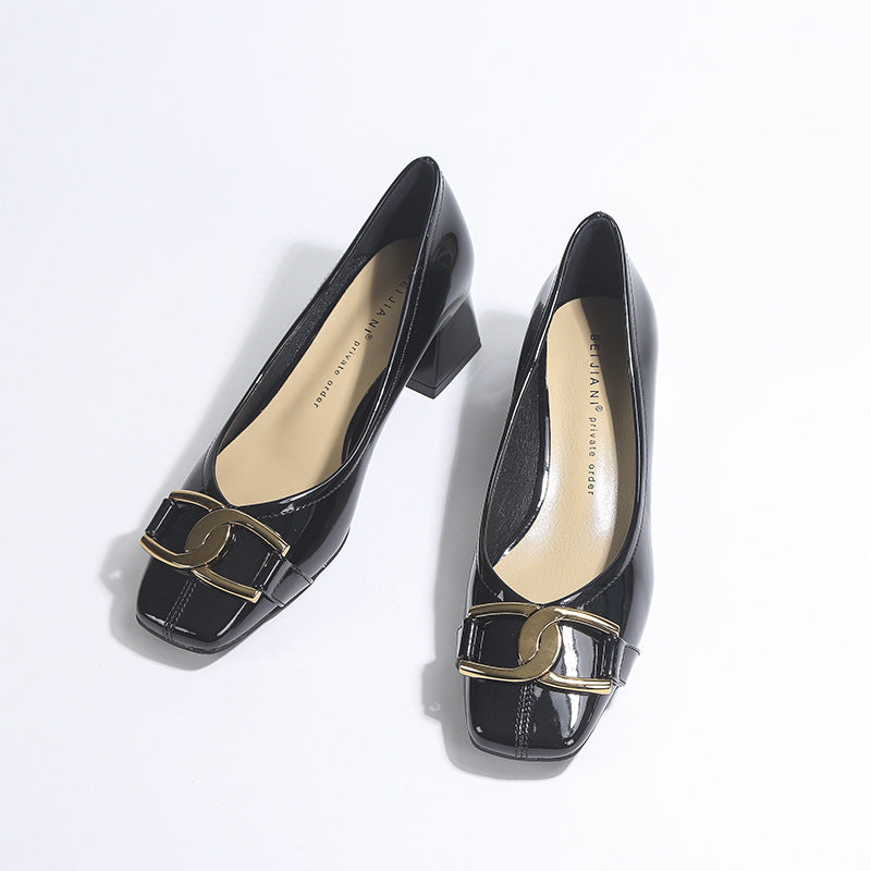 Sheepskin Square Toe High Heels Women's Thick Heel Patent Leather Metal