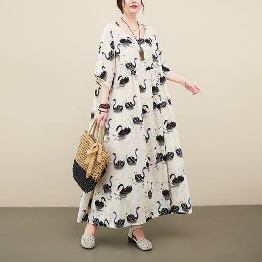 Abito da donna a maniche corte con figura di cigno, sciolto, sottile e traspirante, stile rinascimentale