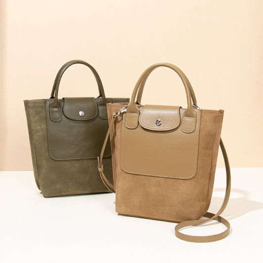 Borsa a secchiello monospalla con cuciture in pelle scamosciata da donna