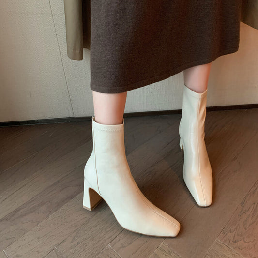 Rindsleder Stiefeletten mit hohem Absatz im französischen Stil für Damen