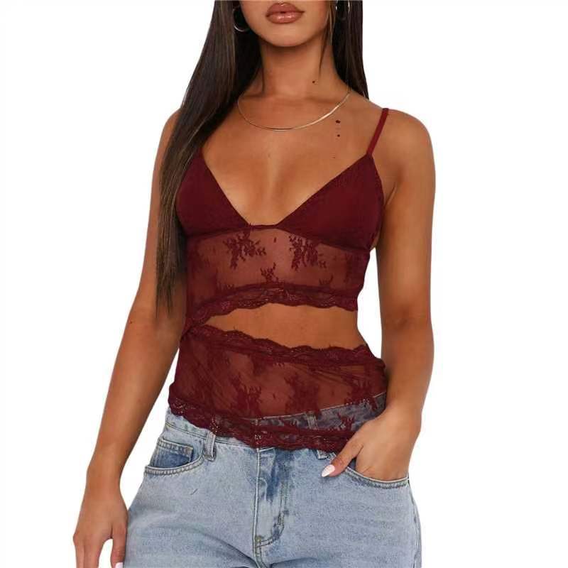 Canotta da donna con scollo a V, in pizzo, con cuciture sulla schiena, piccola, senza spalline, in colore caramella, bralette