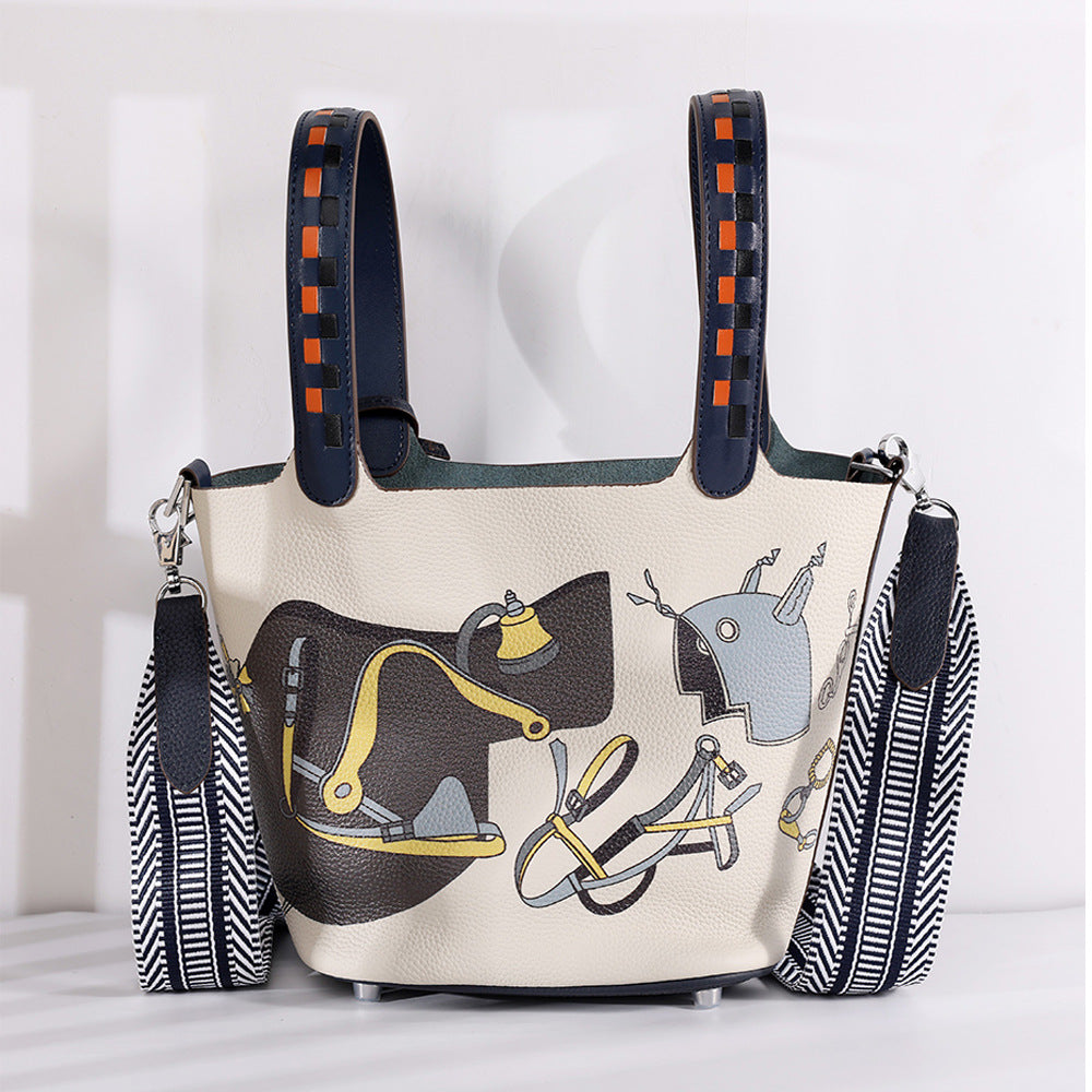 Cowhide Painted Vegetable Basket Portable Women's Bag Adjustable Shoulder Strap