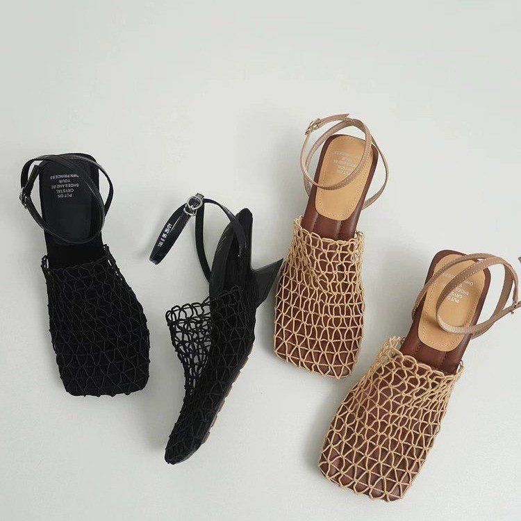 Vintage Weave Hollow-out Square Toe Chunky Heel All-matching Casual High Heels