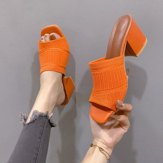 Pantofole alla moda con tacco spesso, sandali con punta quadrata e tacco alto in lana lavorata a maglia