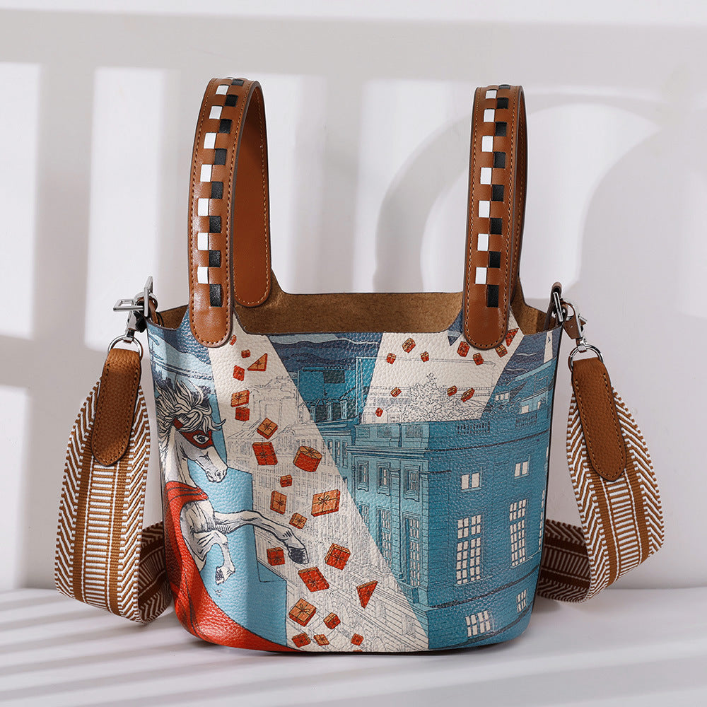 Cowhide Painted Vegetable Basket Portable Women's Bag Adjustable Shoulder Strap