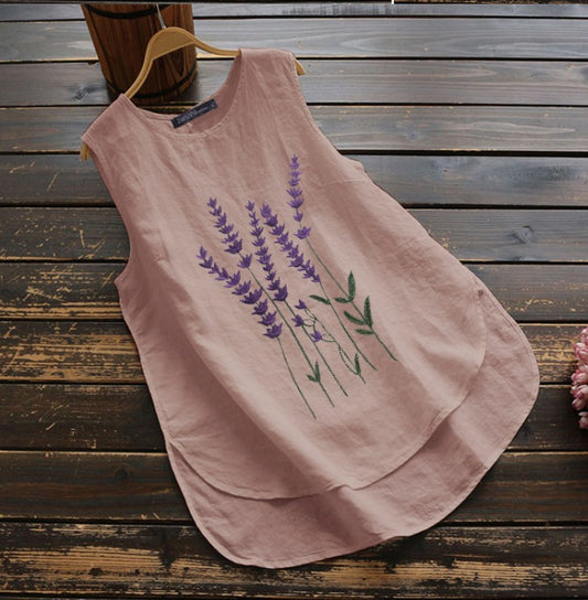Summer Embroidered Sleeveless Crew Neck Casual Vest Women's Cotton And Linen Top