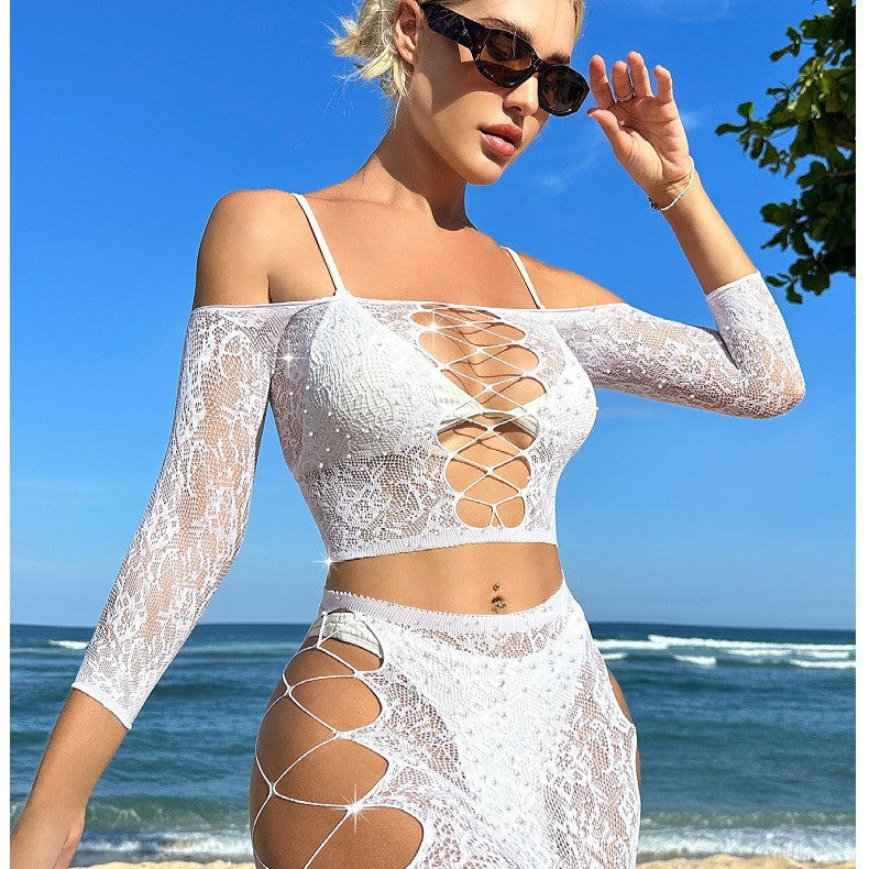 Sexy Rhinestone Off-shoulder Uniform Seductive Hip Skirt Suit