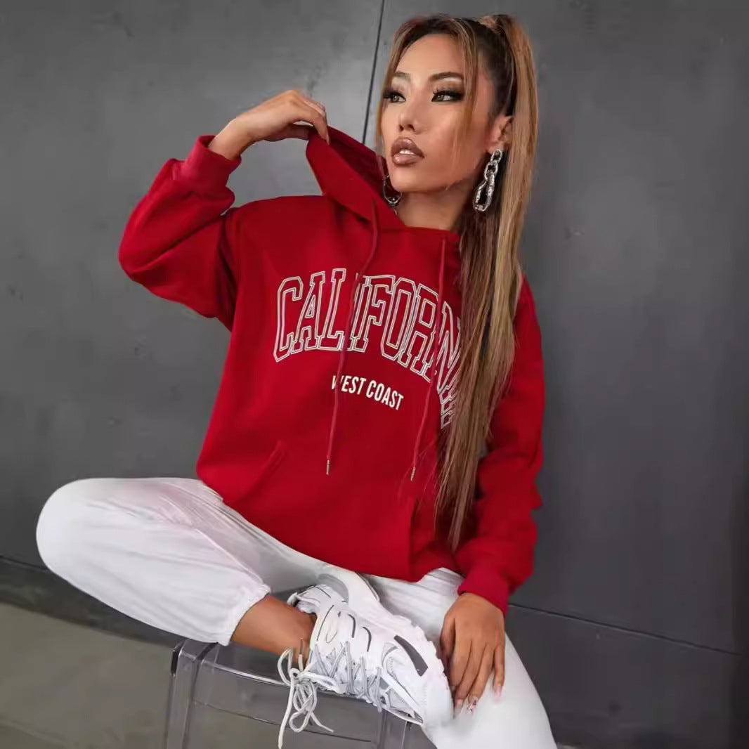 Maglione con cappuccio casual con stampa a lettere per donna