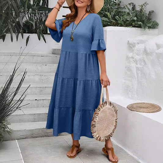 Abito lungo multicolore con orlo largo e scollo a V, taglie forti