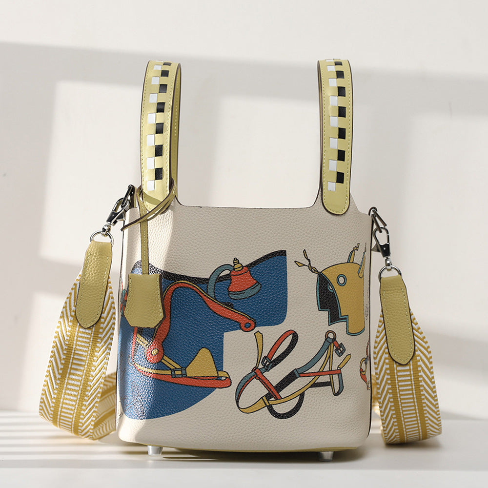Cowhide Painted Vegetable Basket Portable Women's Bag Adjustable Shoulder Strap