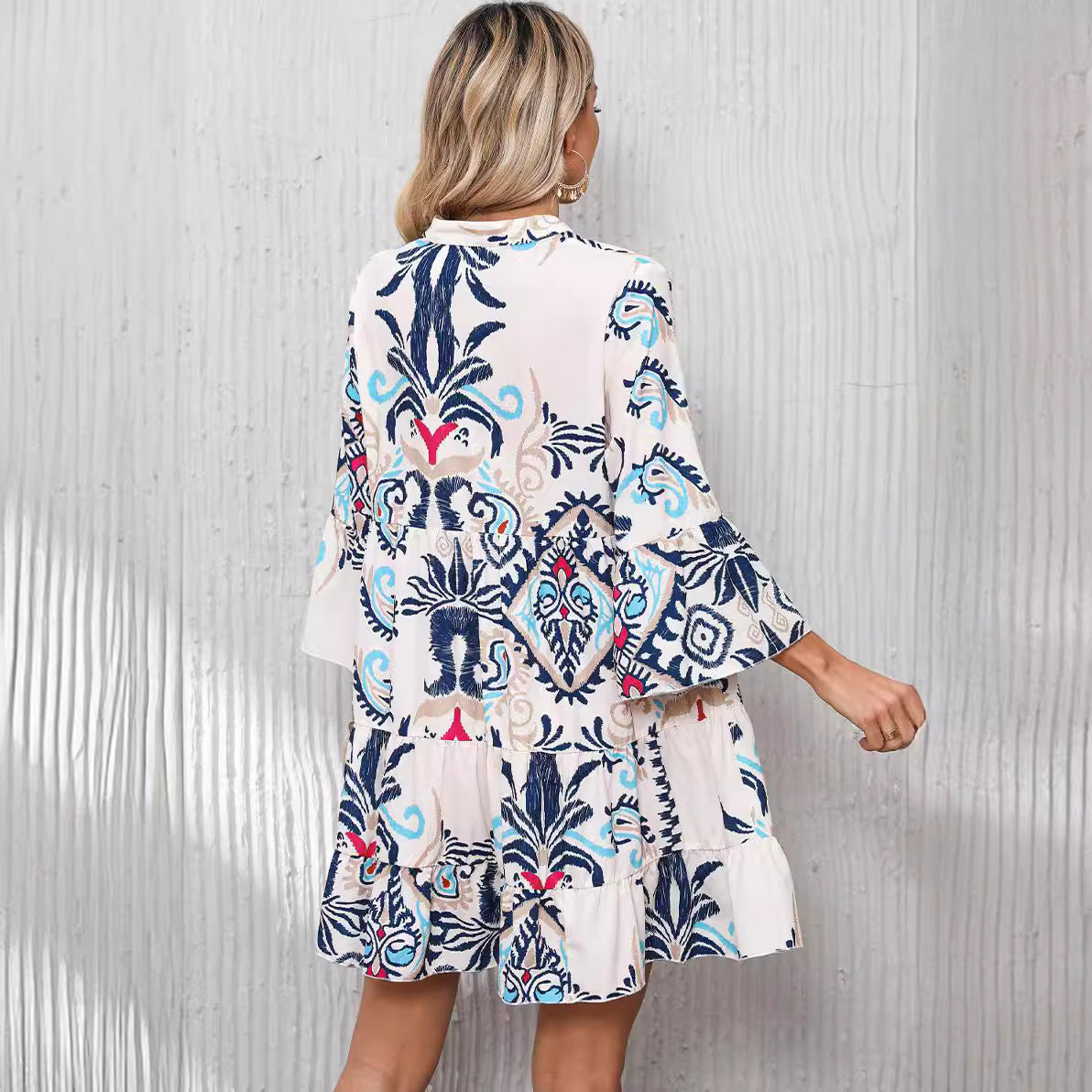 Bell Sleeve Casual Loose Printed Shirt Dress