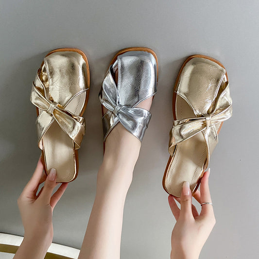 Pantofole con punta quadrata alla moda, sandali piatti comodi estivi da donna, pantofole pigre a metà