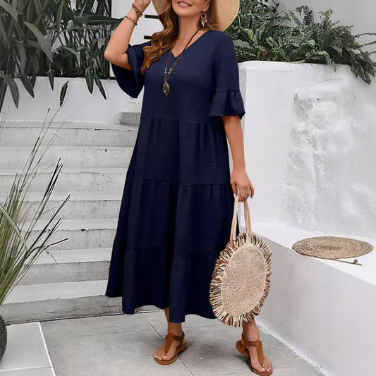 Abito lungo multicolore con orlo largo e scollo a V, taglie forti