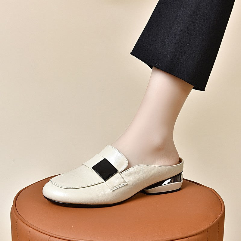 Solid Color Round Toe Low-top Women's Leather Shoes
