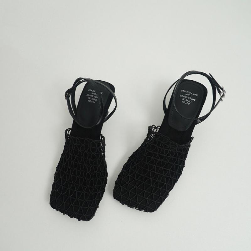 Vintage Weave Hollow-out Square Toe Chunky Heel All-matching Casual High Heels