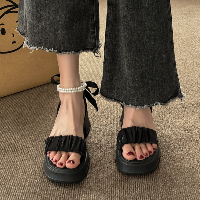 Sandali con tacco spesso e fiocco in stile francese