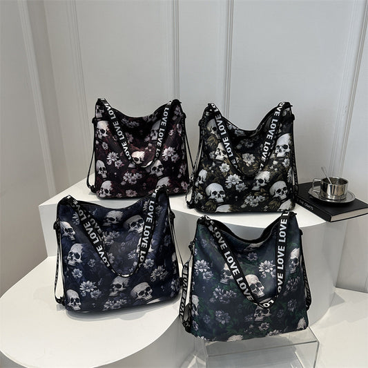 Borsa a tracolla in nylon di grande capacità con motivo a teschio creativo da donna