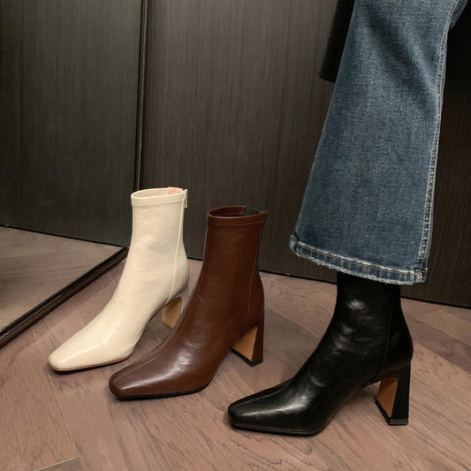 Rindsleder Stiefeletten mit hohem Absatz im französischen Stil für Damen