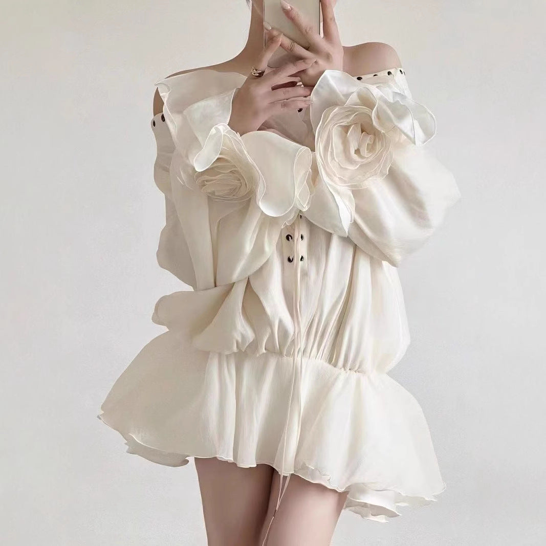 Hemd Glockenärmel Locker Langarm Kurzes Kleid