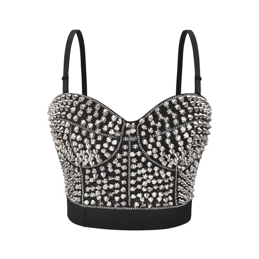 Reggiseno con spalline sottili e perline fatto a mano, nuova catena punk