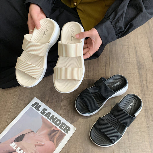 Pantofole da donna alla moda con suola spessa e doppio cinturino abbinato ai colori