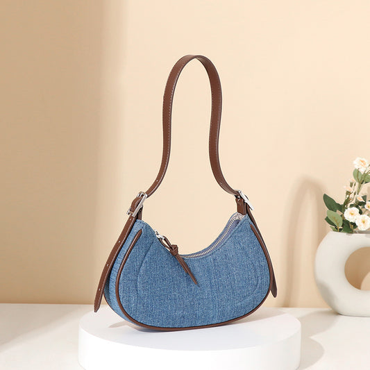 Borsa a mano in denim retrò francese a mezzaluna