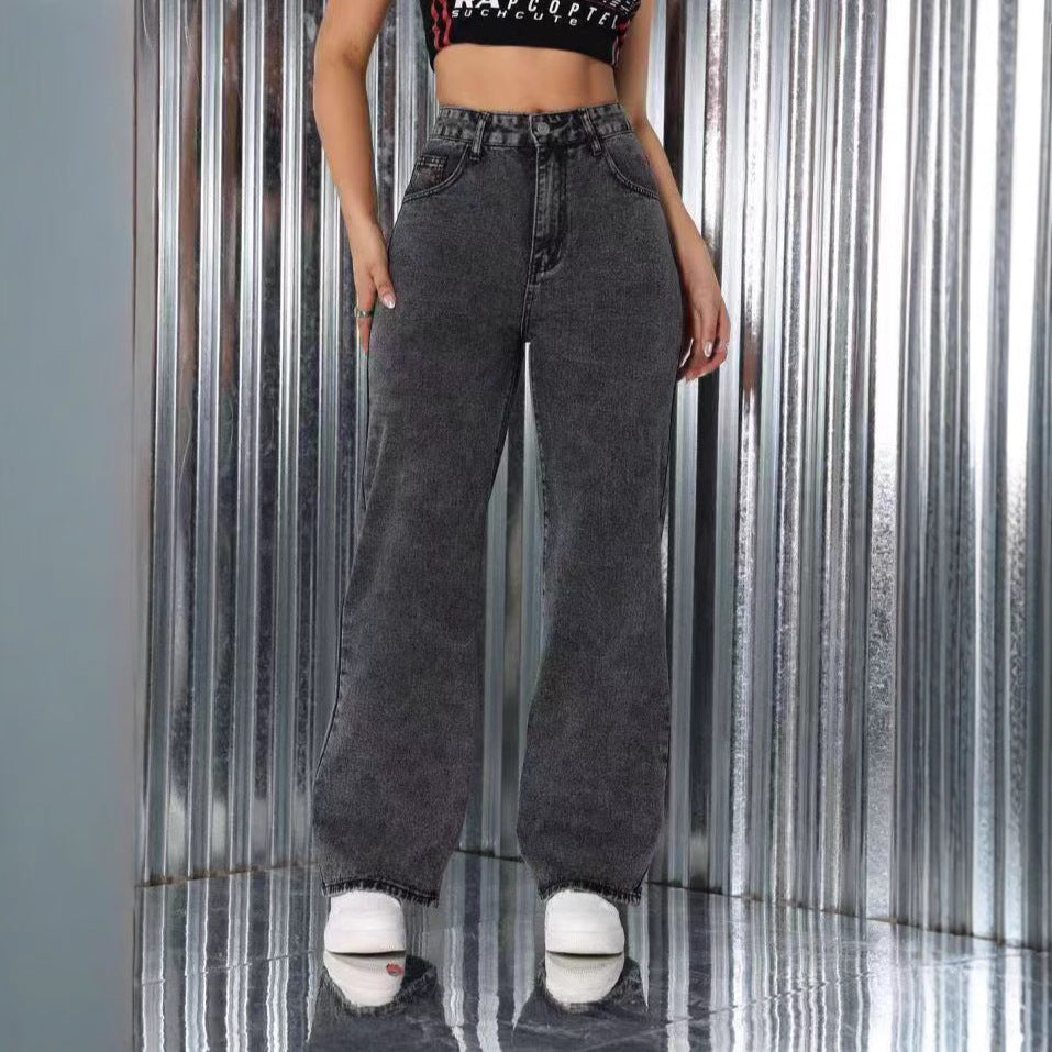 Bestickte Jeans Hohe Taille Gerade Lose Freizeithose Frauen