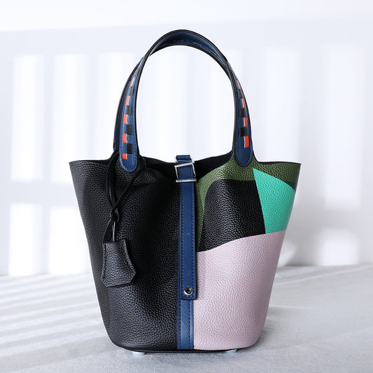 Borsa da donna portatile con tracolla regolabile in pelle di mucca dipinta a mano con cestino per verdure