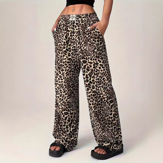 Pantaloni dritti casual stampati con stampa leopardata, pantaloni larghi e larghi per le donne