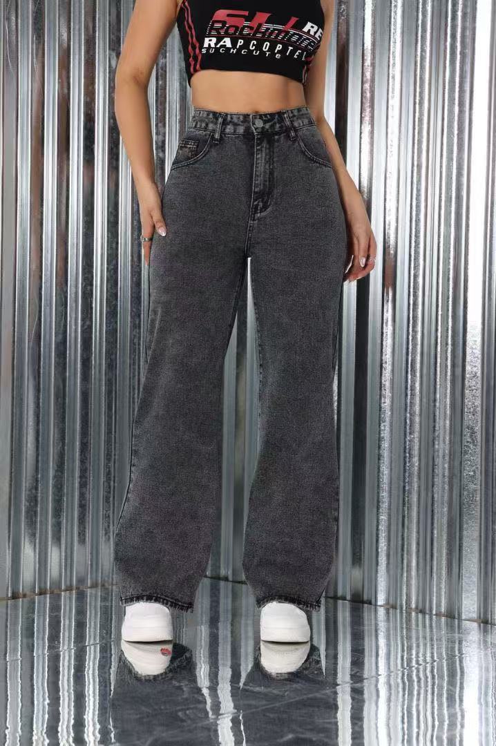 Bestickte Jeans Hohe Taille Gerade Lose Freizeithose Frauen