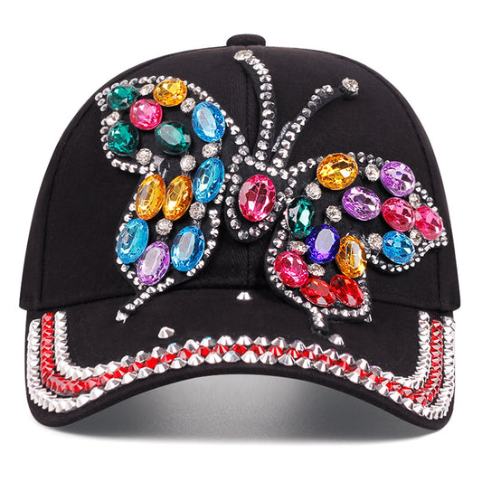 Berretto con visiera in denim con motivo a farfalla e diamante