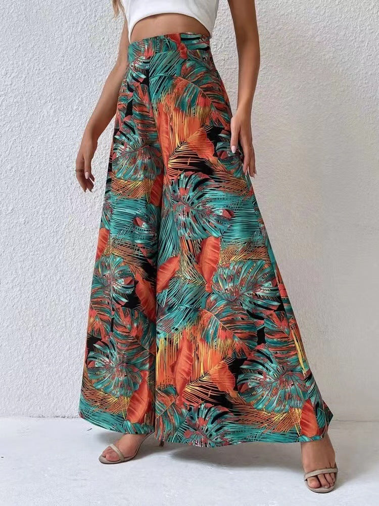 Pantaloni alla moda in chiffon floreale a gamba larga per le donne